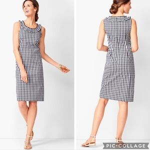 Talbots Pleat Neck Sheath Dress Navy Gingham Size 12 Ruffle Office Career Preppy